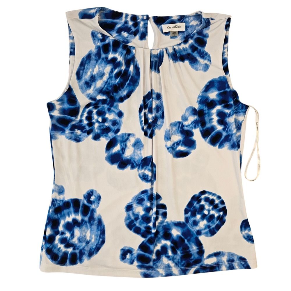 Calvin Klein Blue White Abstract Print Sleeveless Pleated Neck Blouse Large